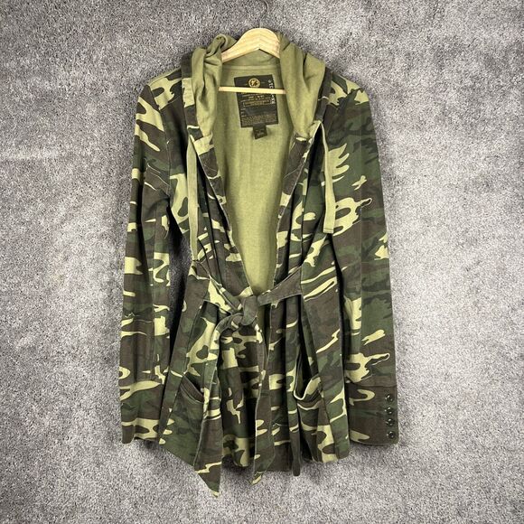 Lucky Brand Jacket Womens Large Green Camo Hooded Long Sleeve Open Tie Cardigan - Picture 1 of 10